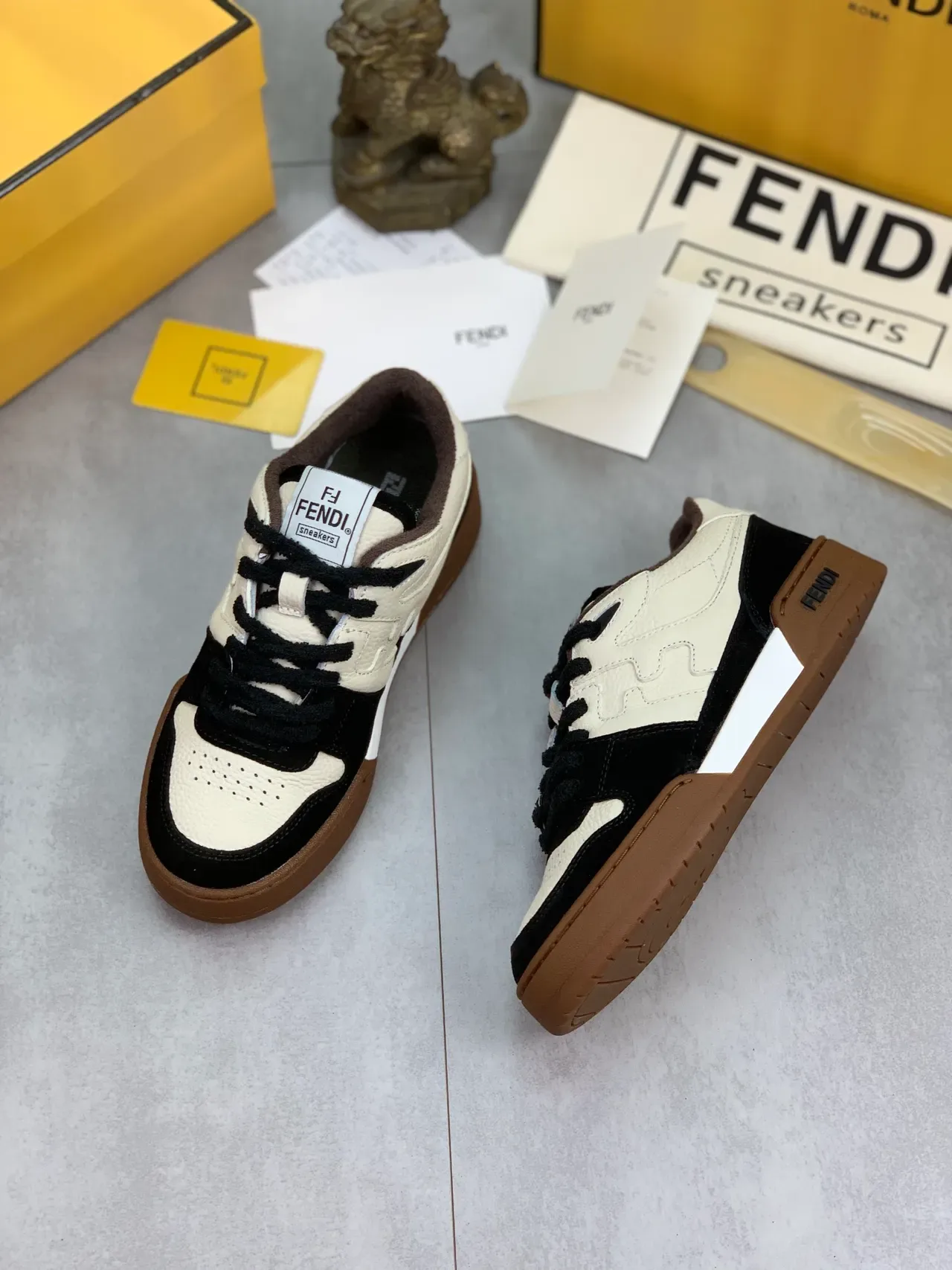 Fendi भूरा काला लो-टॉप मिक्स्ड मटेरियल लाइफस्टाइल स्नीकर 6