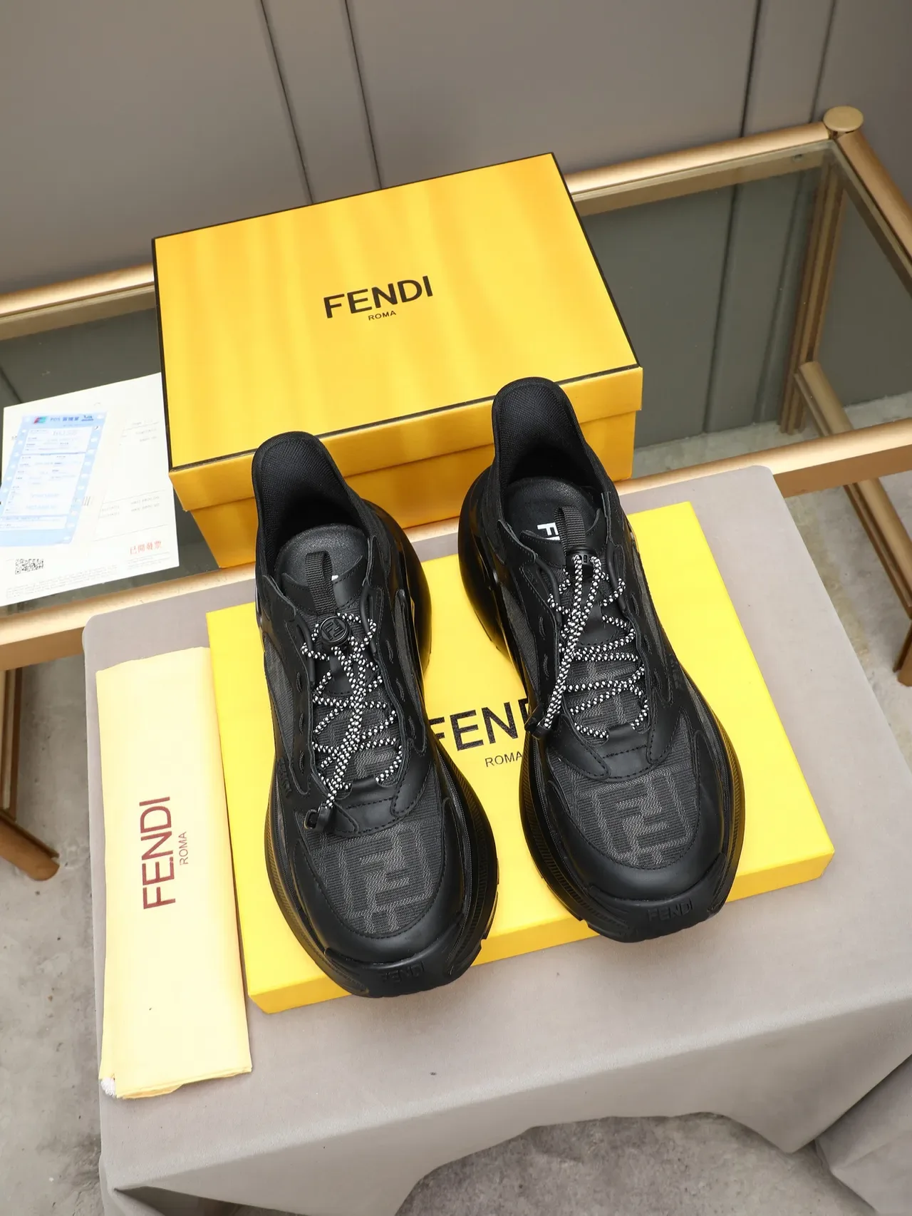 Fendi Black Monogrammed Mesh Sculpted Layered Sole Chunky Sneakers 2