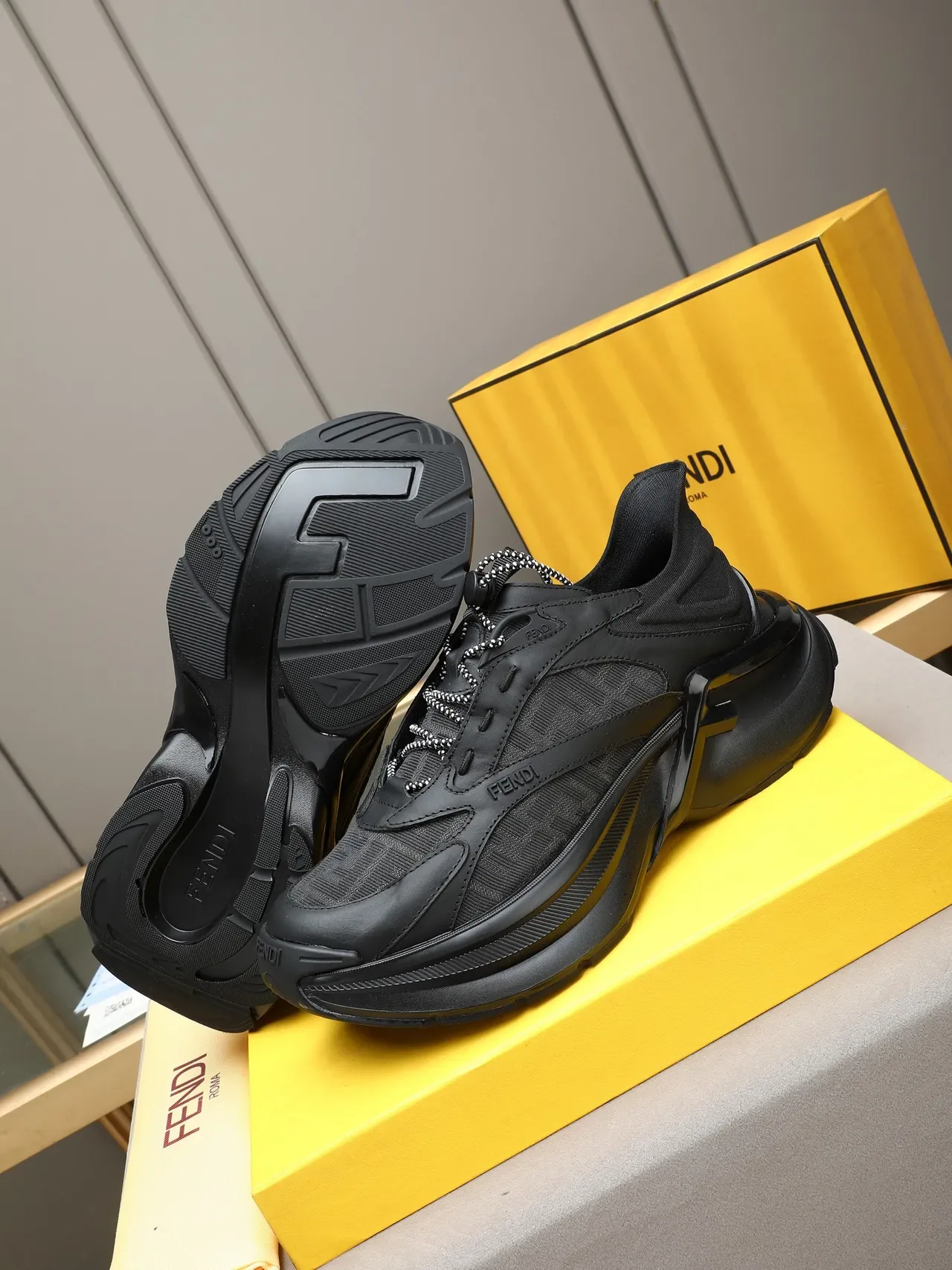 Fendi Black Monogrammed Mesh Sculpted Layered Sole Chunky Sneakers 4