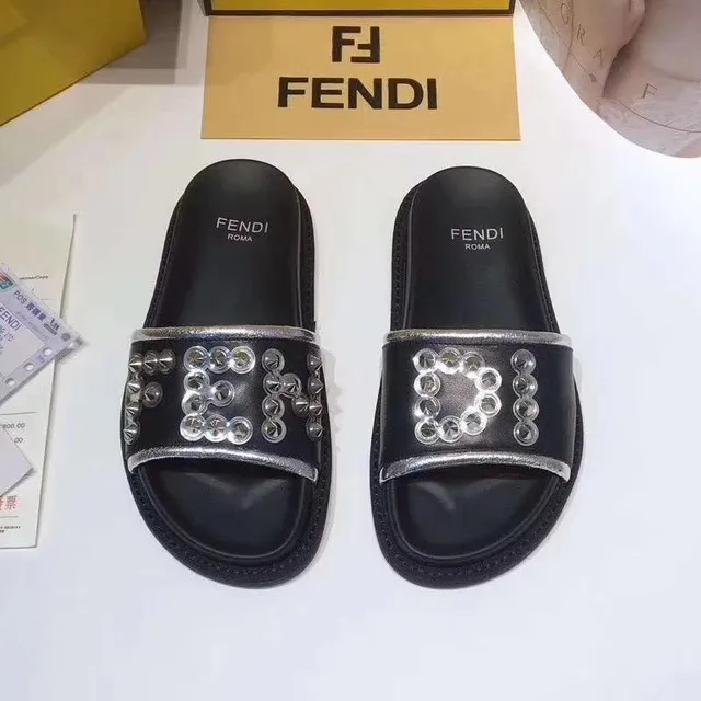 Fendi Black Silver Studded Strap Metal Chain Detail Slippers 2