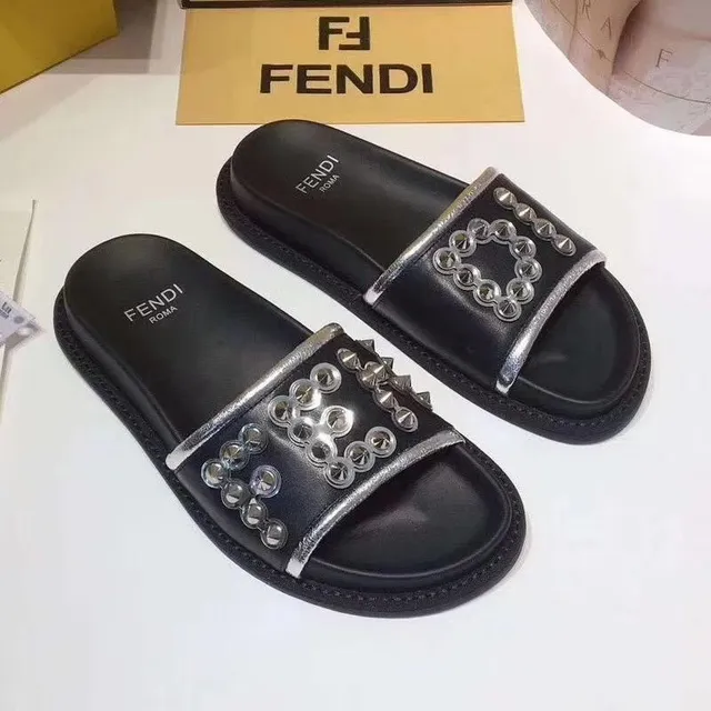 Fendi Black Silver Studded Strap Metal Chain Detail Slippers 3