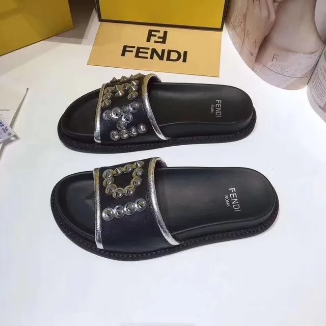 Fendi Black Silver Studded Strap Metal Chain Detail Slippers 4