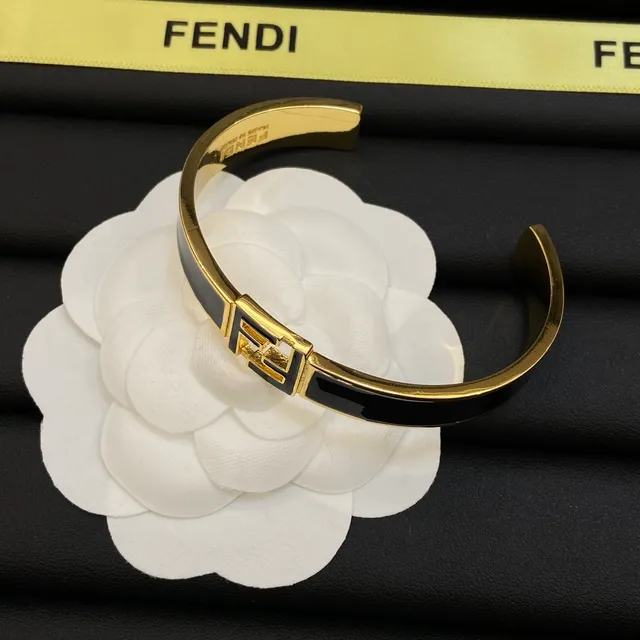 Fendi FF Cuff Black White Enamel-Inlaid Gold-Tone Metal Bracelet 2