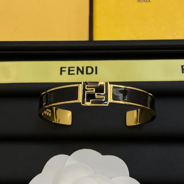 Fendi FF Cuff Black White Enamel-Inlaid Gold-Tone Metal Bracelet 3