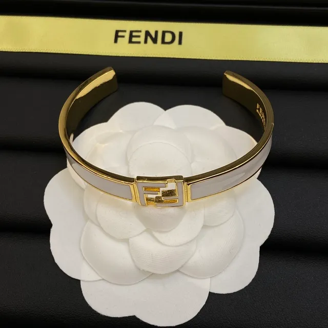 Fendi FF Cuff Black White Enamel-Inlaid Gold-Tone Metal Bracelet 4