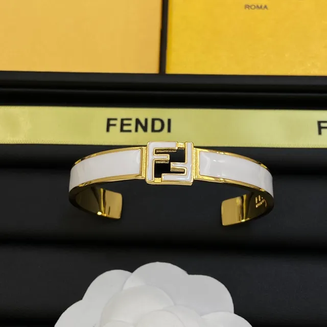 Fendi FF Cuff Black White Enamel-Inlaid Gold-Tone Metal Bracelet 5