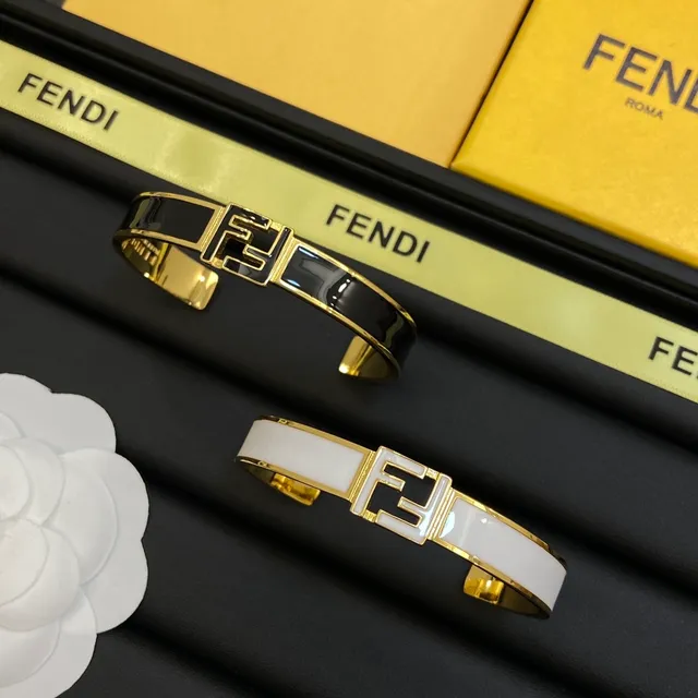 Fendi FF Cuff Black White Enamel-Inlaid Gold-Tone Metal Bracelet 6