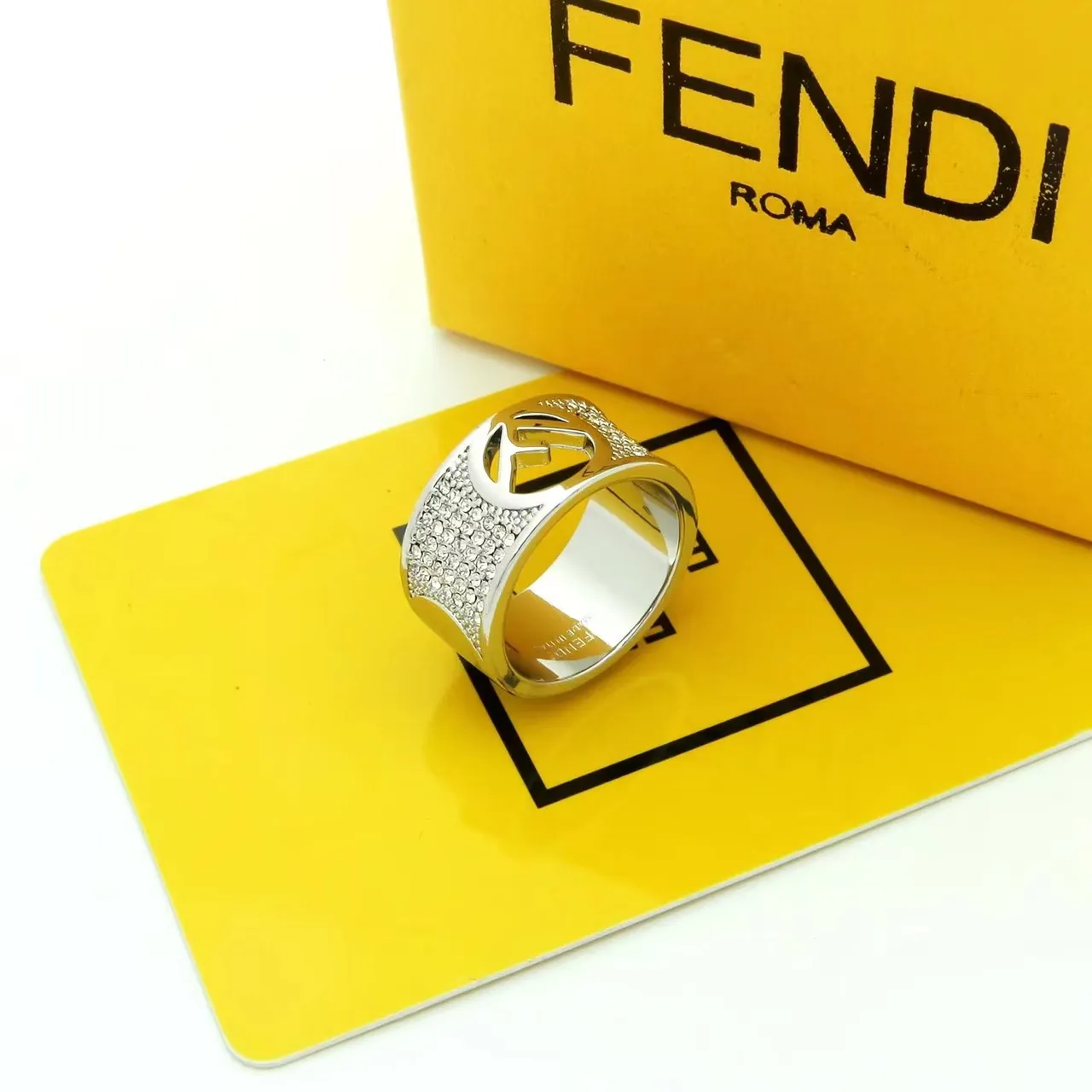 Fendi FF Gold Silver Wide Band Pavé Crystal Ring 2