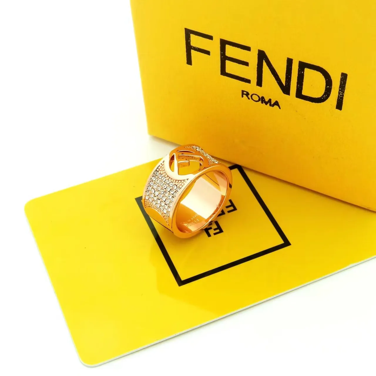 Fendi FF Gold Silver Wide Band Pavé Crystal Ring 3