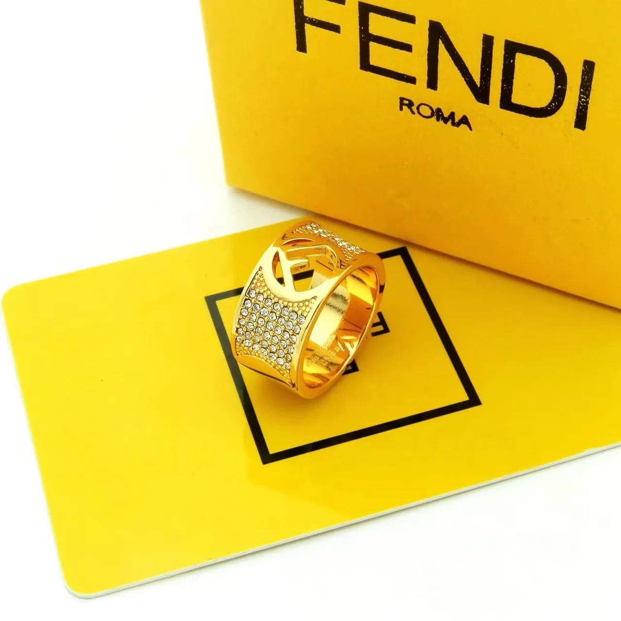 Fendi FF Gold Silver Wide Band Pavé Crystal Ring 4