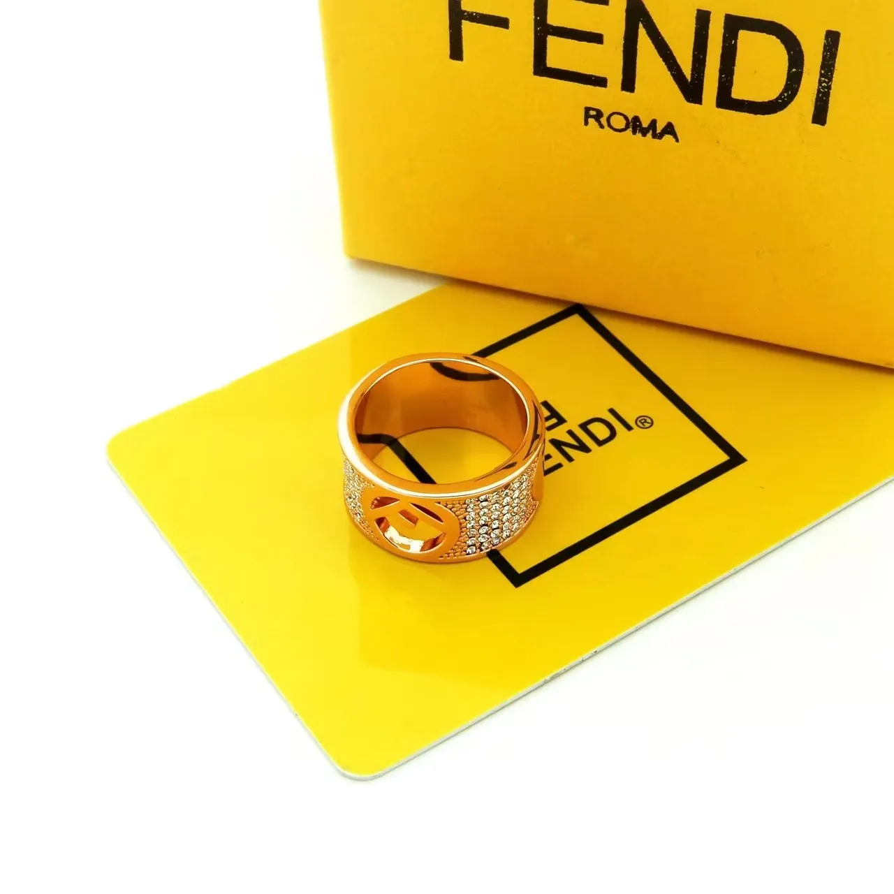 Fendi FF Gold Silver Wide Band Pavé Crystal Ring 5