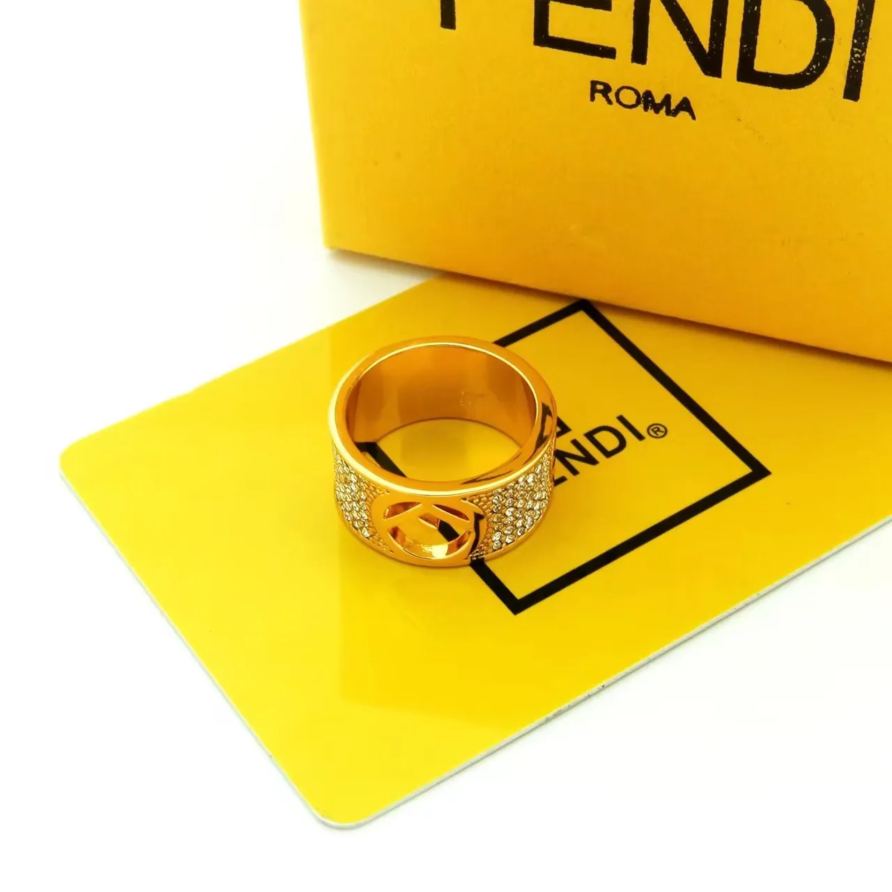 Fendi FF Gold Silver Wide Band Pavé Crystal Ring 6