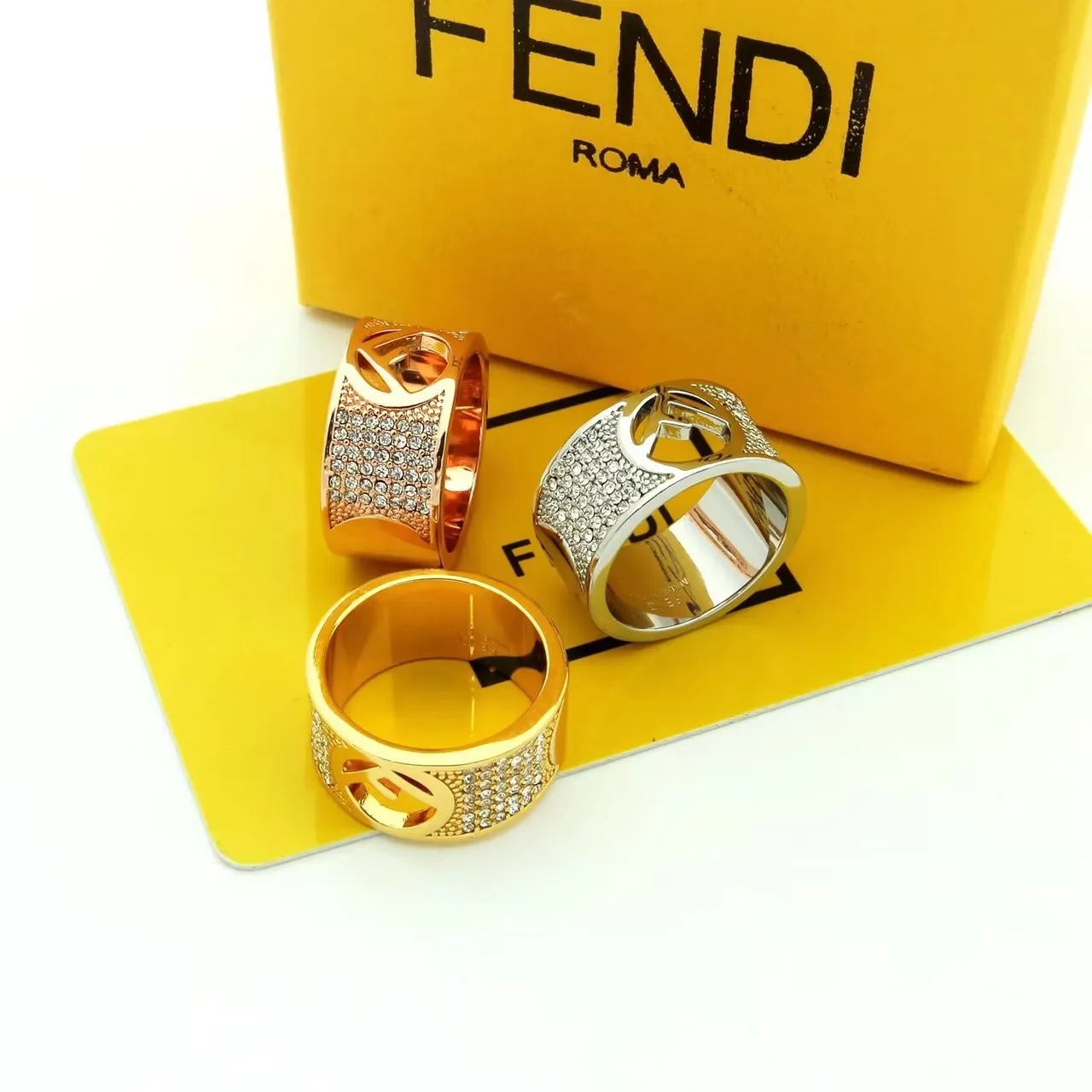 Fendi FF Gold Silver Wide Band Pavé Crystal Ring 7