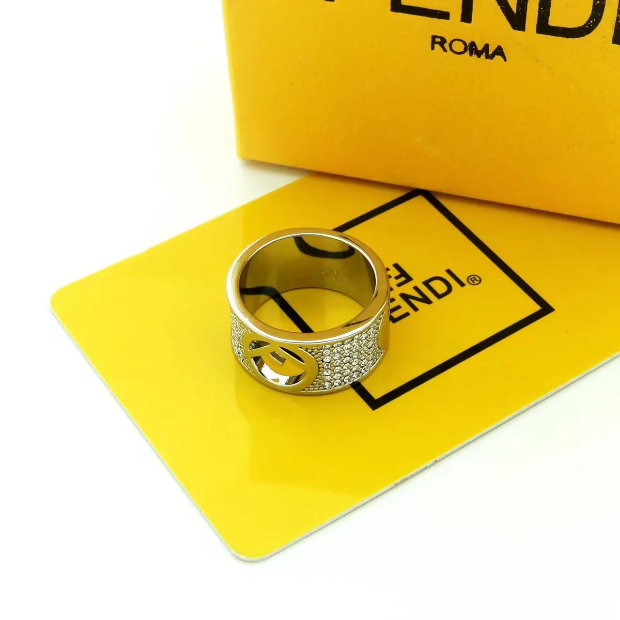 Fendi FF Gold Silver Wide Band Pavé Crystal Ring 8
