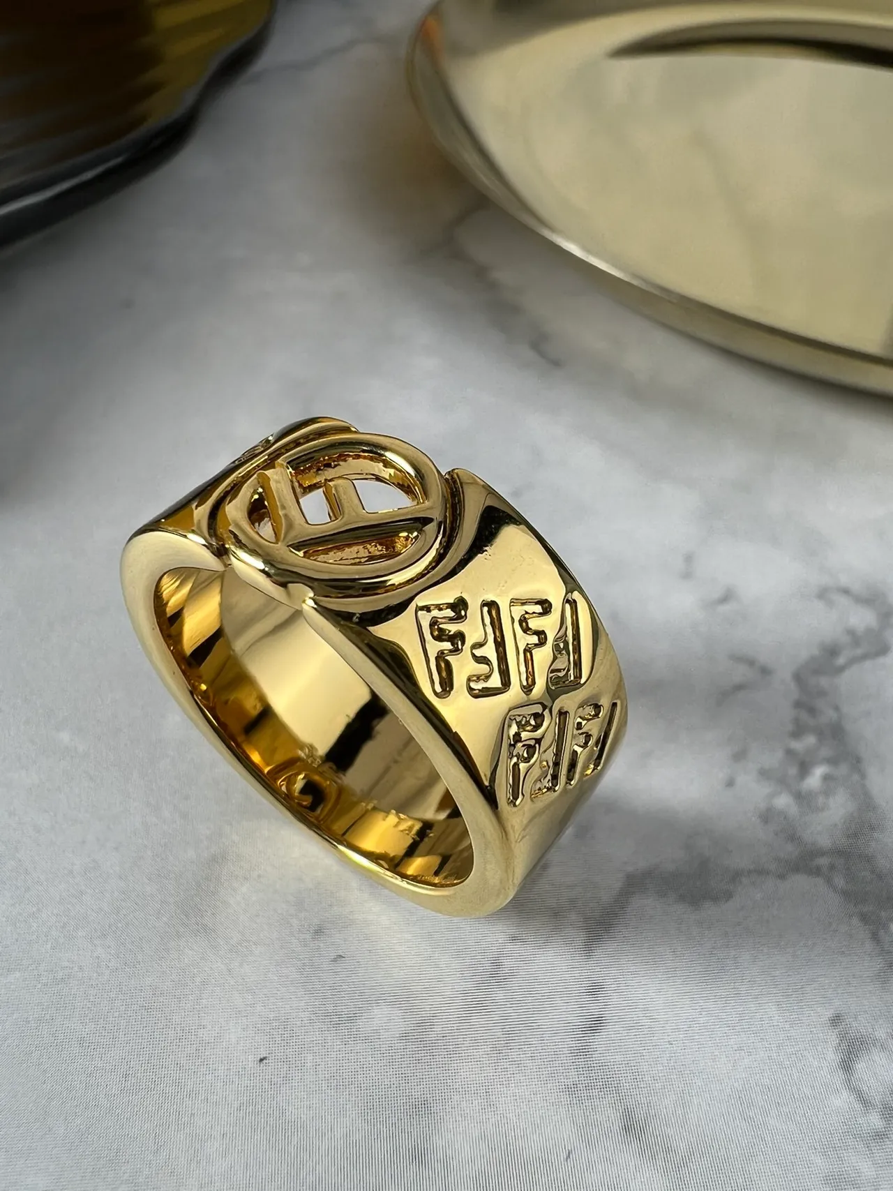 Fendi FF Logo Wide Band Gold-Tone Ring 2