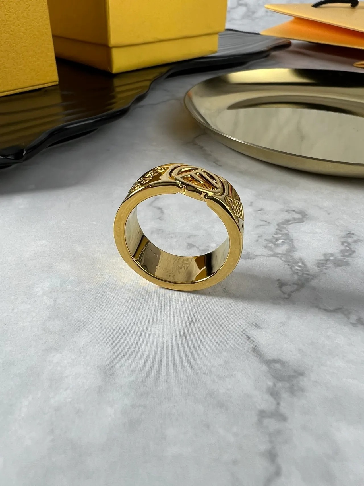 Fendi FF Logo Wide Band Gold-Tone Ring 6