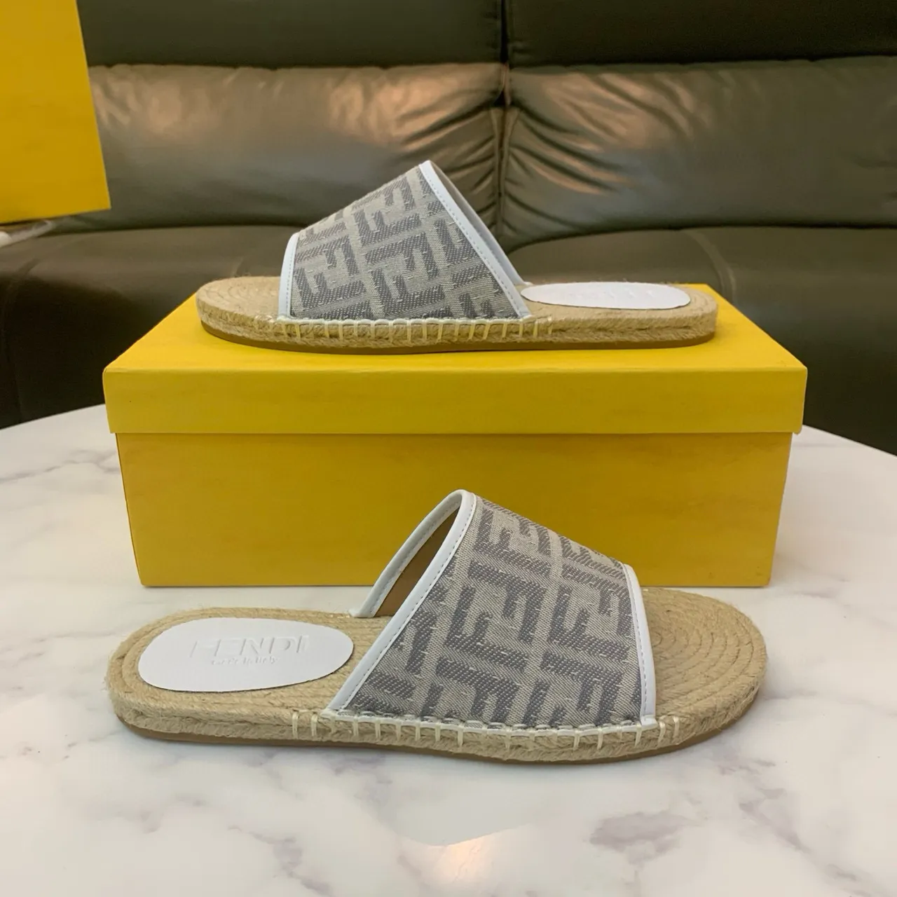 Fendi FF Monogram बेज ग्रे कैनवास स्ट्रैप जूट लिपटा एस्पाड्रिल सोल चप्पल 7
