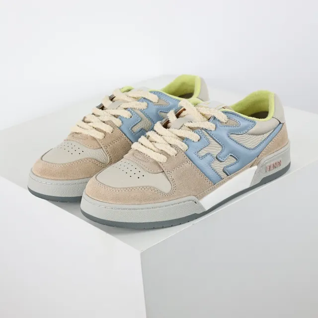 Fendi FF Sneaker Beige Blue Layered Suede And Leather Upper Bold Motif Overlay Sneakers 2