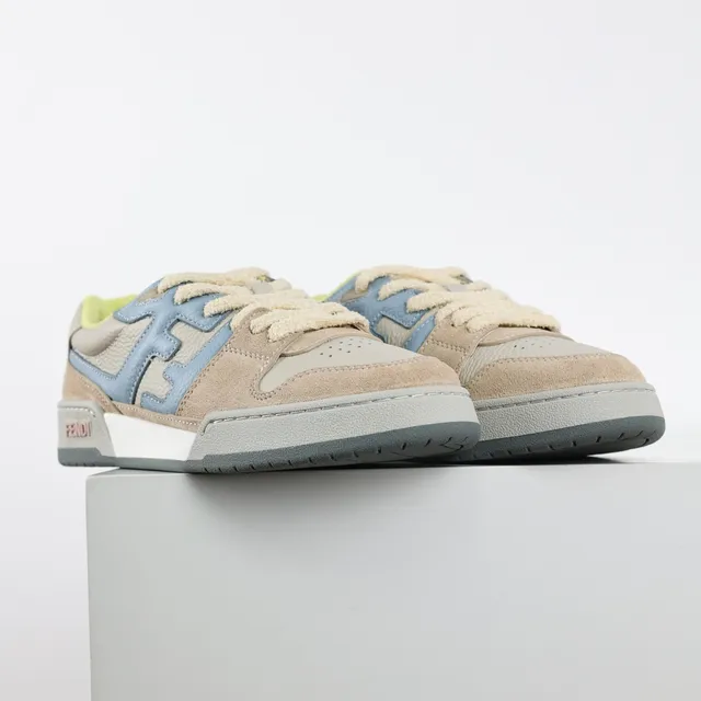 Fendi FF Sneaker Beige Blue Layered Suede And Leather Upper Bold Motif Overlay Sneakers 3