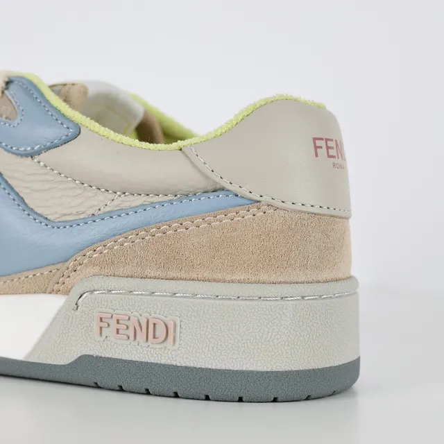 Fendi FF Sneaker Beige Blue Layered Suede And Leather Upper Bold Motif Overlay Sneakers 4