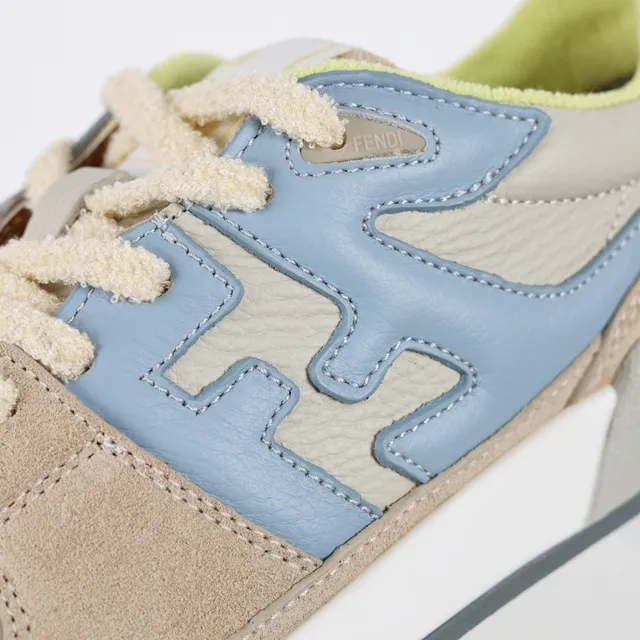 Fendi FF Sneaker Beige Blue Layered Suede And Leather Upper Bold Motif Overlay Sneakers 6