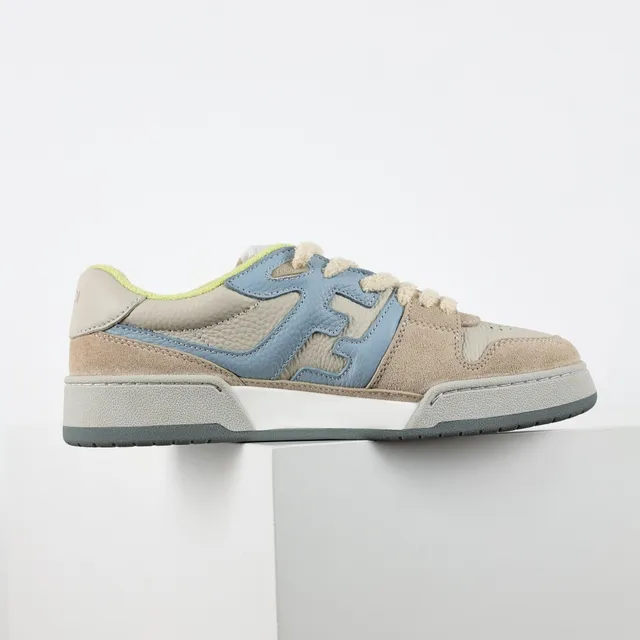 Fendi FF Sneaker Beige Blue Layered Suede And Leather Upper Bold Motif Overlay Sneakers 7