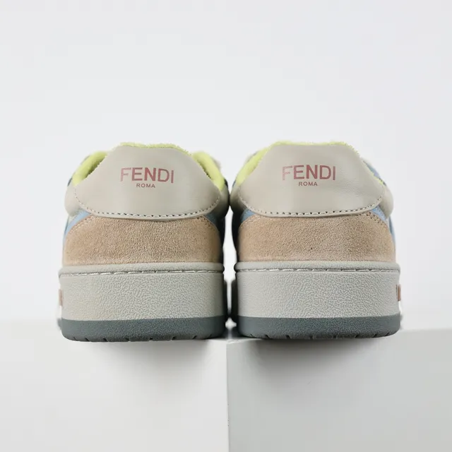 Fendi FF Sneaker Beige Blue Layered Suede And Leather Upper Bold Motif Overlay Sneakers 8
