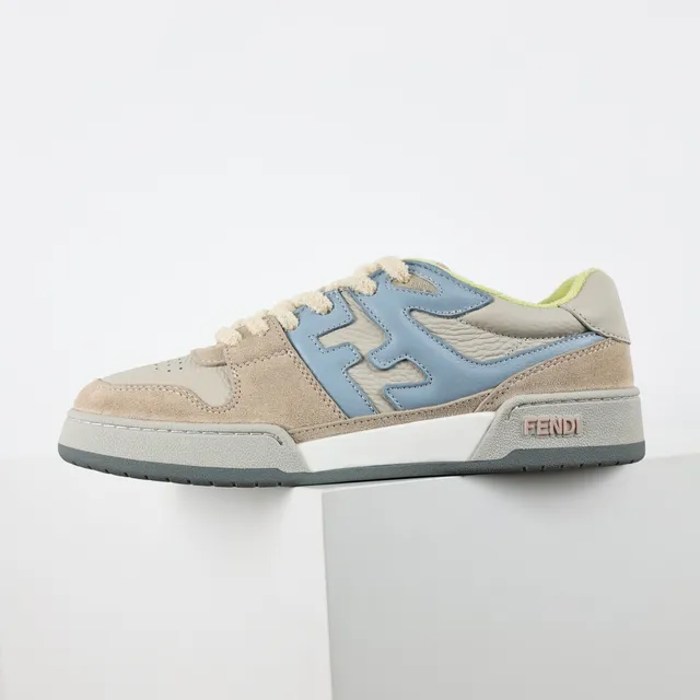 Fendi FF Sneaker Beige Blue Layered Suede And Leather Upper Bold Motif Overlay Sneakers 9