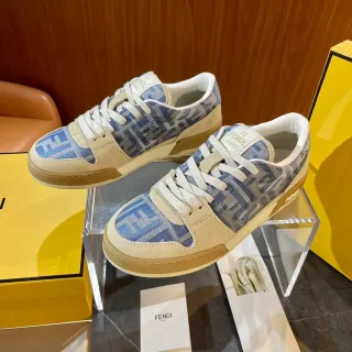 Fendi FF Sneaker Blue Beige Monogram Jacquard Suede Overlays Sneakers