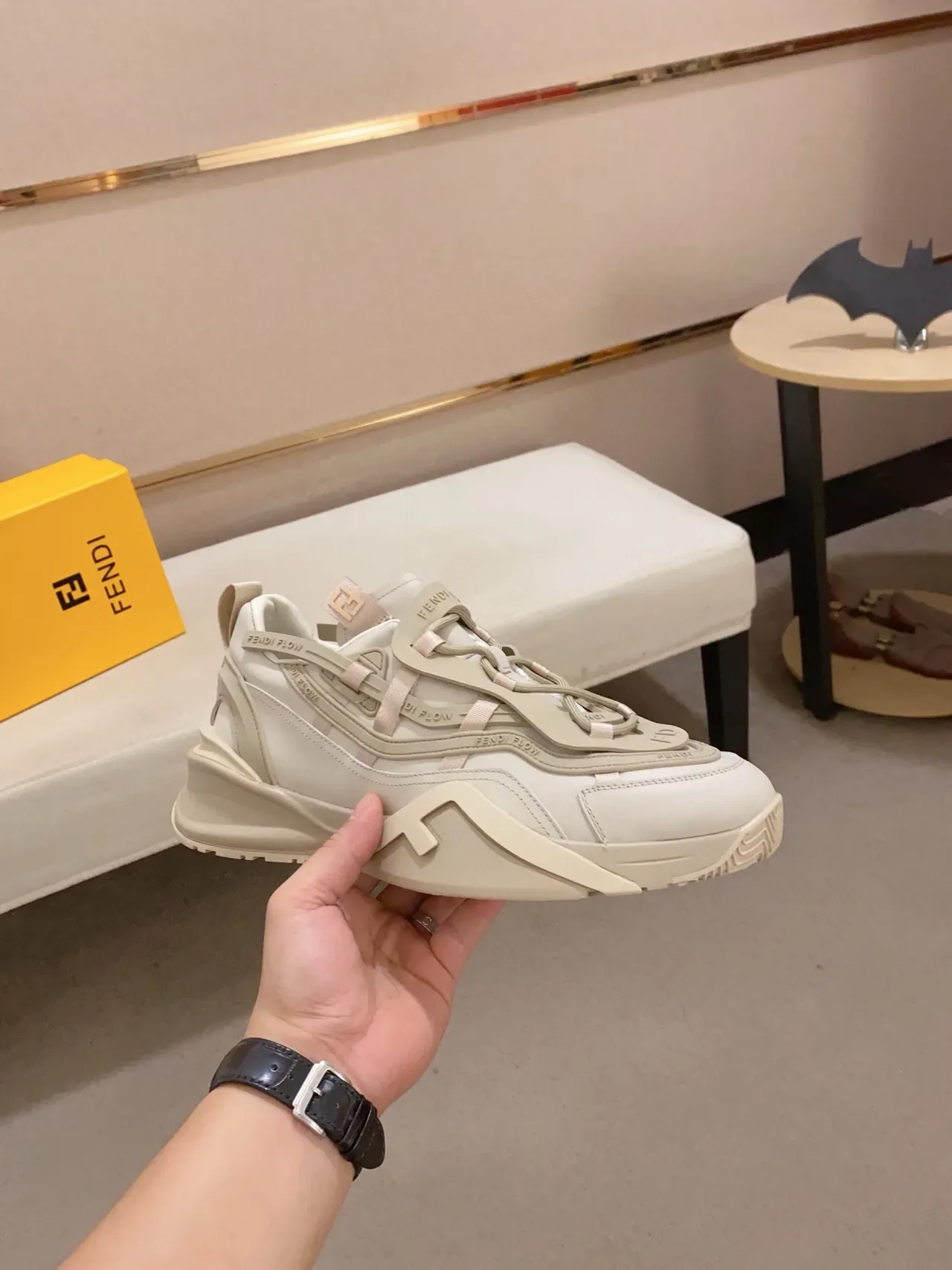 Fendi Flow Beige White Sole Layered Strap Overlays Chunky Sneakers 5