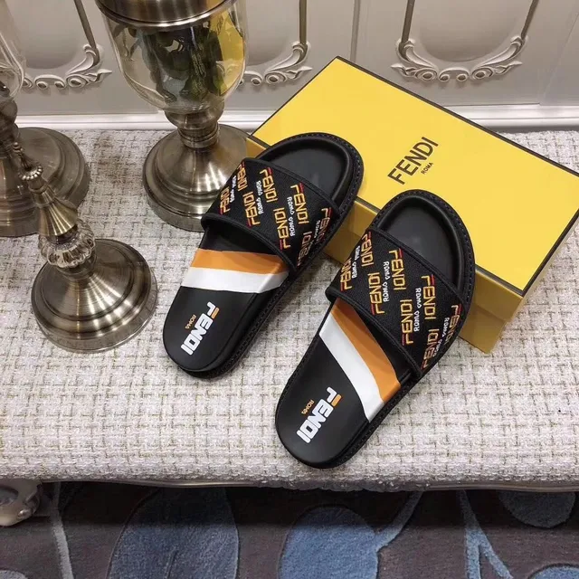 Fendi Logo-Repeat Slides Black Orange Strap Molded Rubber Sole Slippers 2