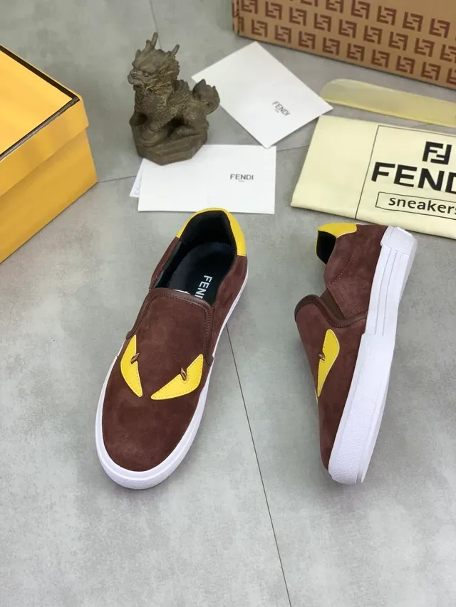 Fendi Monster Eye Brown and Yellow Suede Slip-On Lifestyle Sneakers 5
