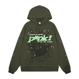 Army Green Oversized Fit Screen-Printed Spiderweb Graphic Hoodie