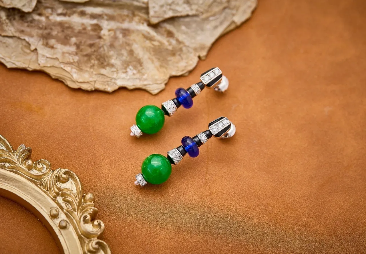 Art Deco-Inspired Green and Blue Gemstone Drop Earrings 5
