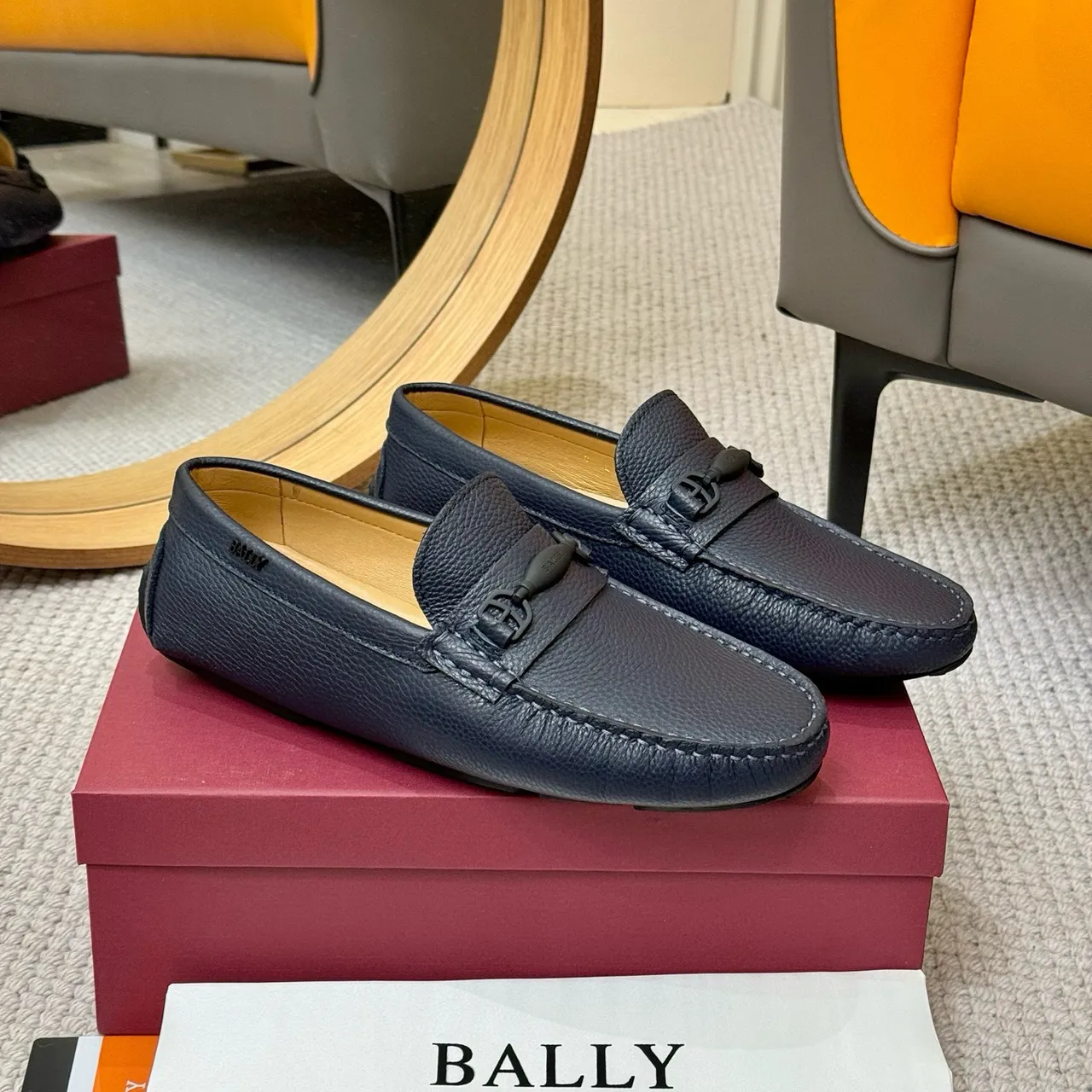 Bally Loafer Navy Beige Pebbled Leather Horsebit Buckle Loafer 5
