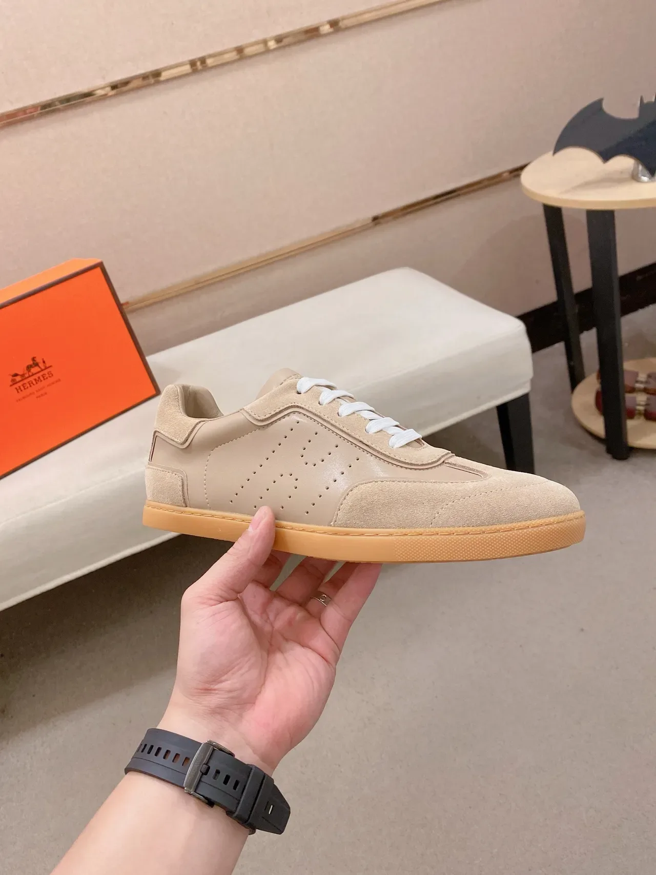 Beige and White Mixed-Material Perforated Lifestyle Sneaker 4