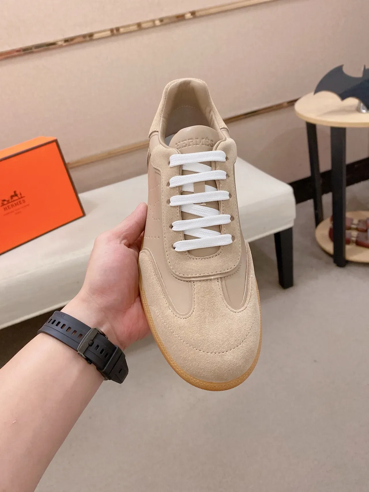 Beige and White Mixed-Material Perforated Lifestyle Sneaker 5