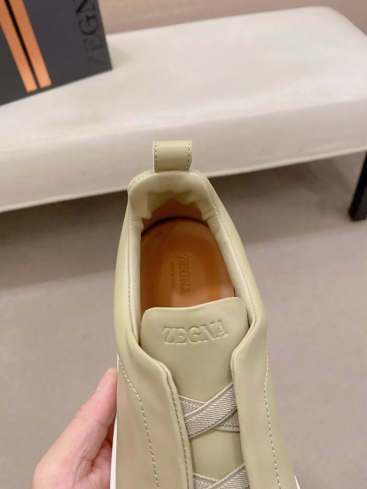 Beige White Slip-On Smooth Leather Upper Sneakers 3