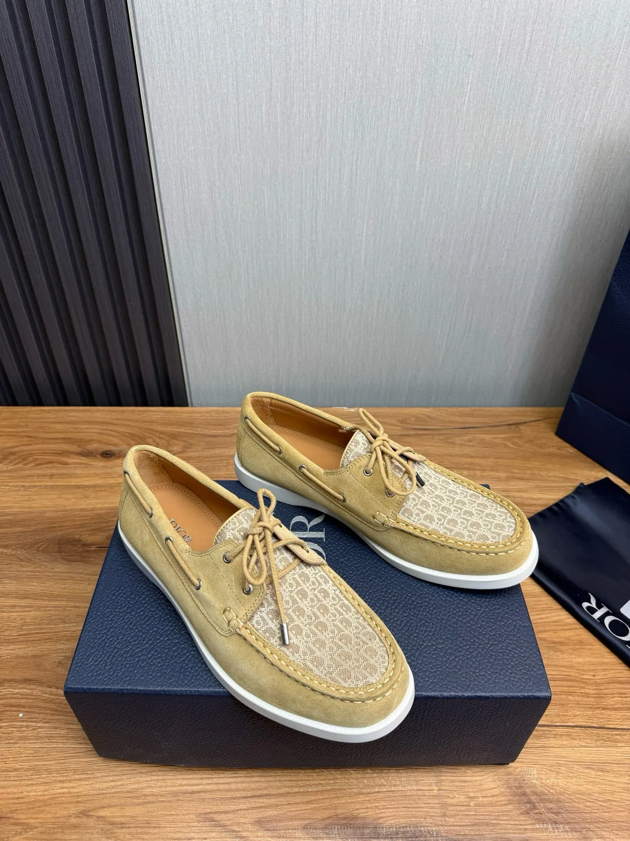 Beige White Suede Upper Monogrammed Textile Toe Boat Shoes 3