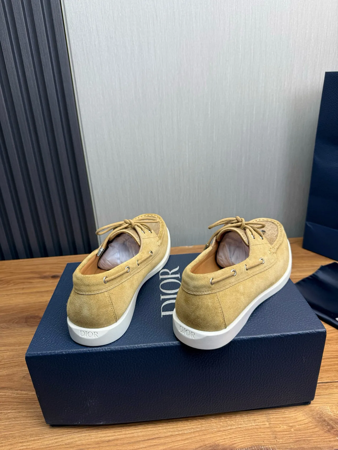 Beige White Suede Upper Monogrammed Textile Toe Boat Shoes 5