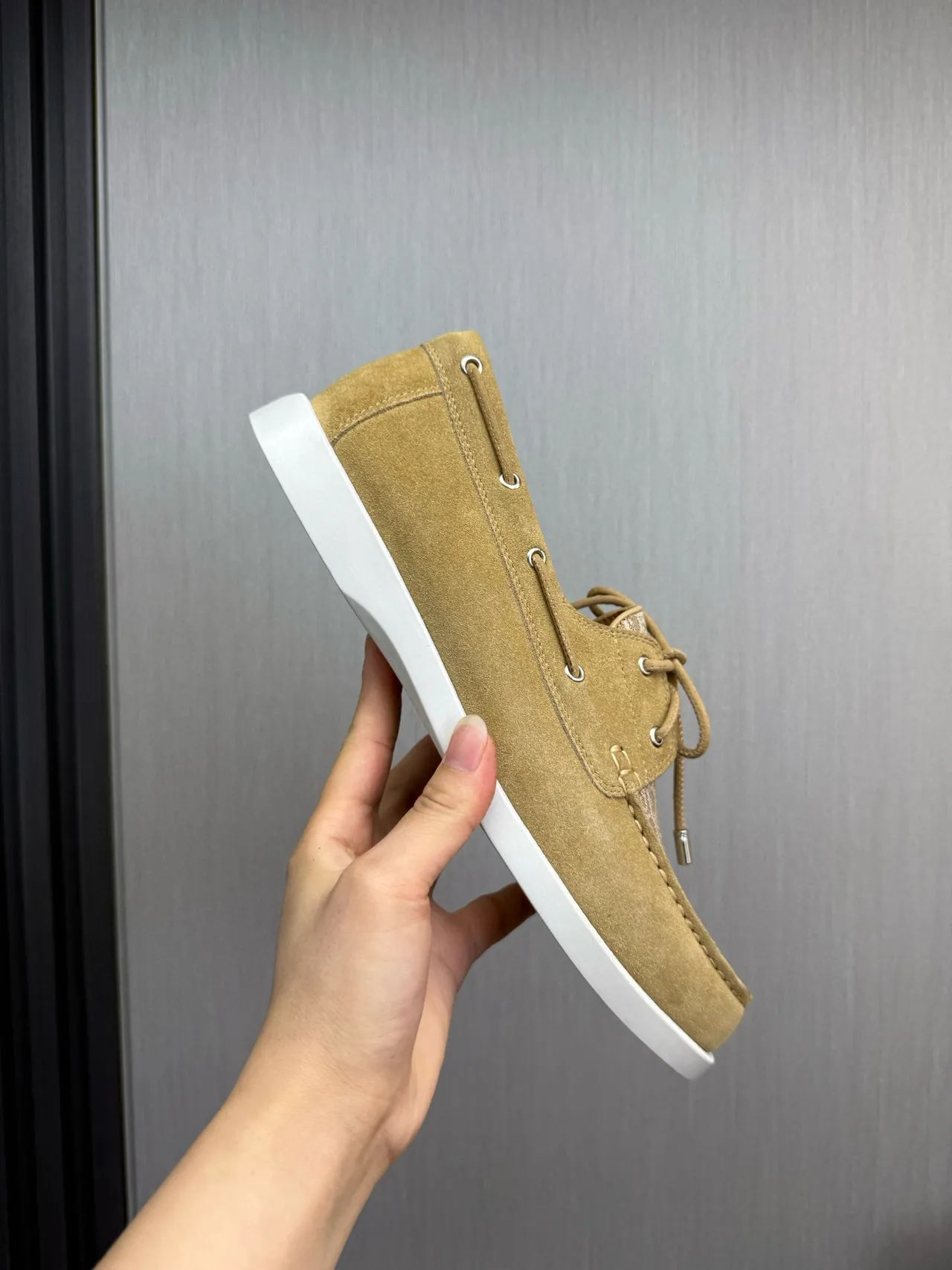 Beige White Suede Upper Monogrammed Textile Toe Boat Shoes 7