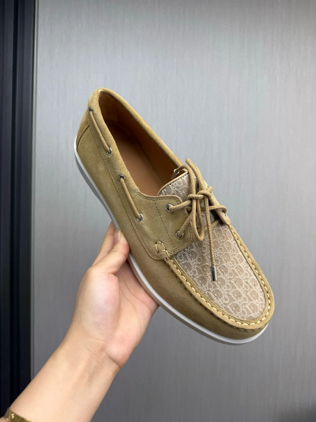 Beige White Suede Upper Monogrammed Textile Toe Boat Shoes 8