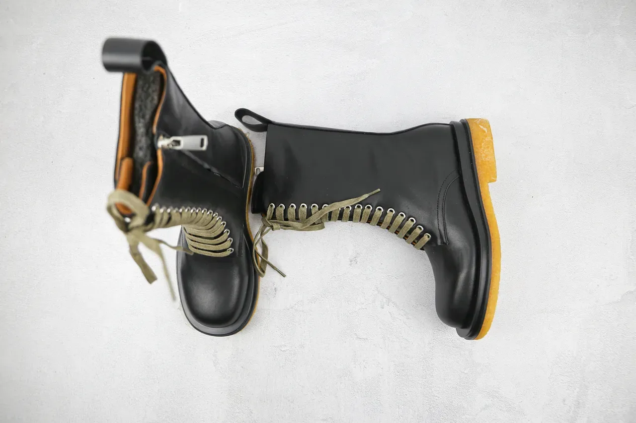 Botas de Trabalho Altas Preto Verde Exército com Cadarcos Couro Liso Superior 3