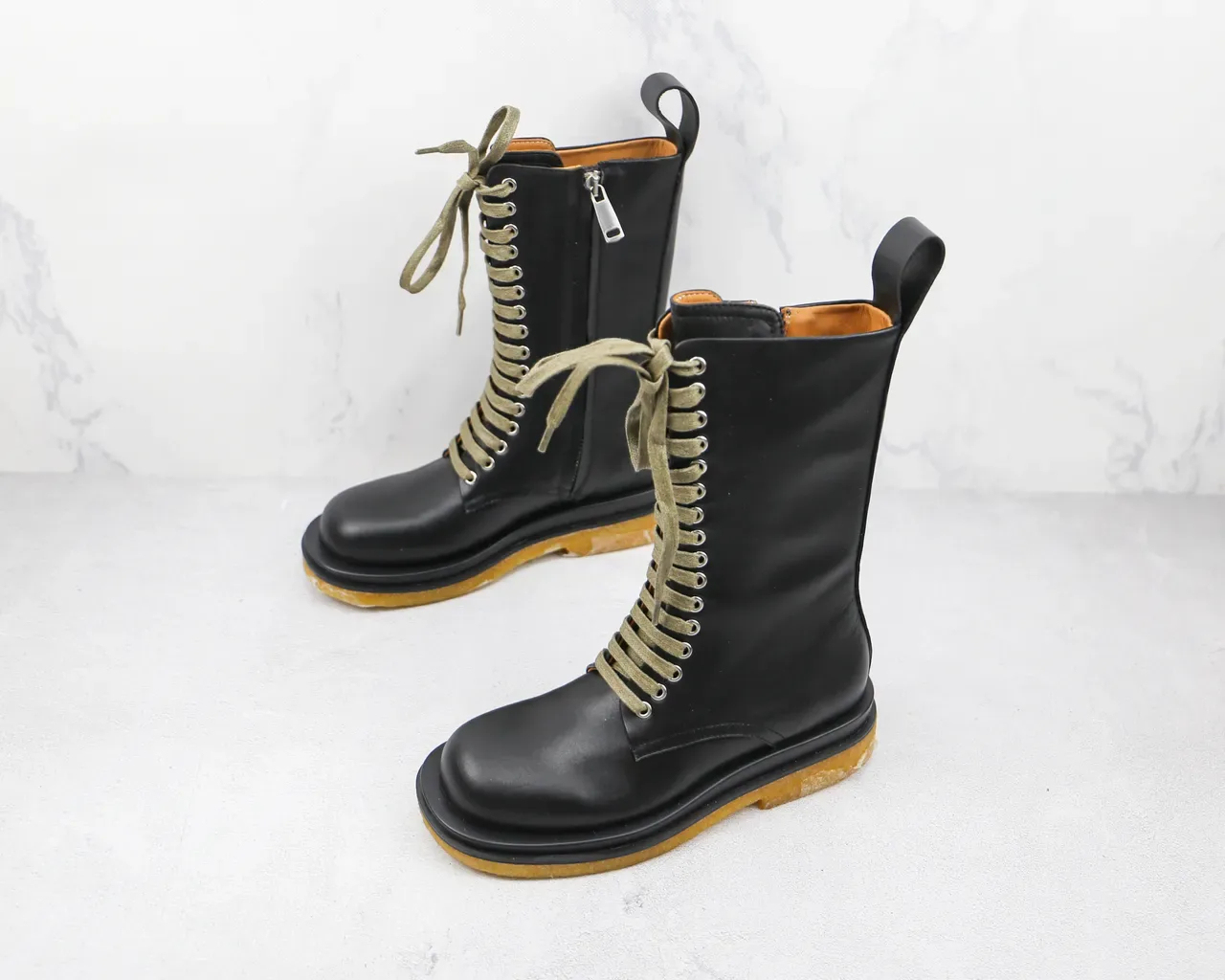 Botas de Trabalho Altas Preto Verde Exército com Cadarcos Couro Liso Superior 4
