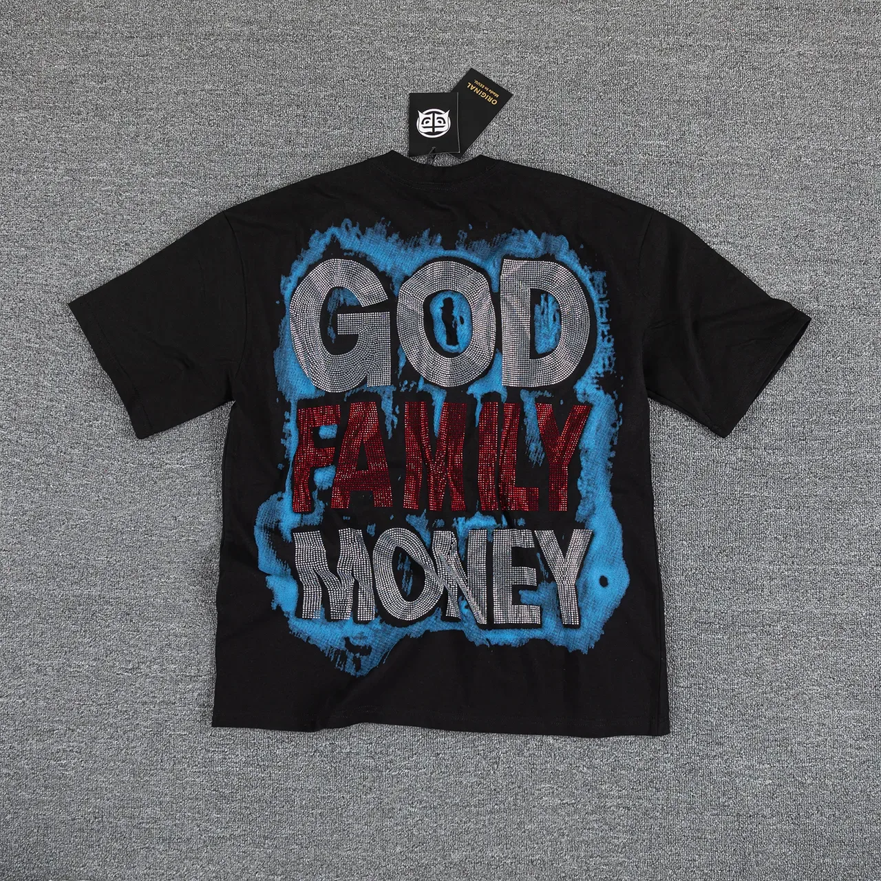 Black Blue Graphic Print Glitter Text T-Shirt 3