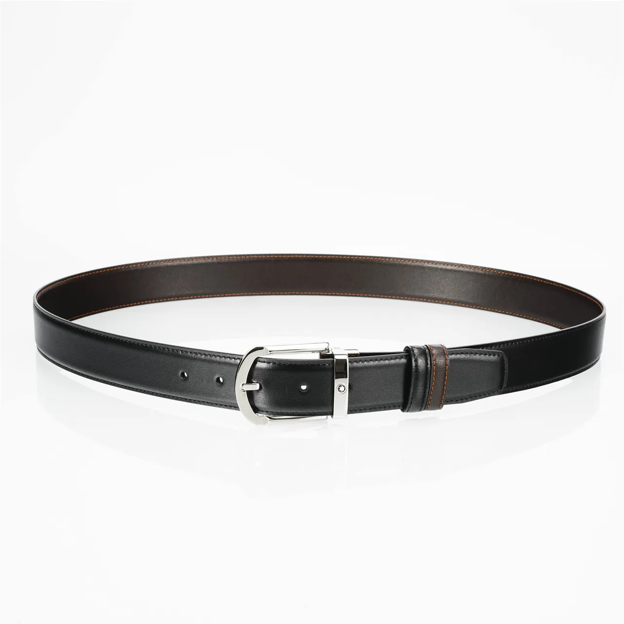 Black Brown Reversible Buckle Contrast Orange Stitching Leather Belt 7
