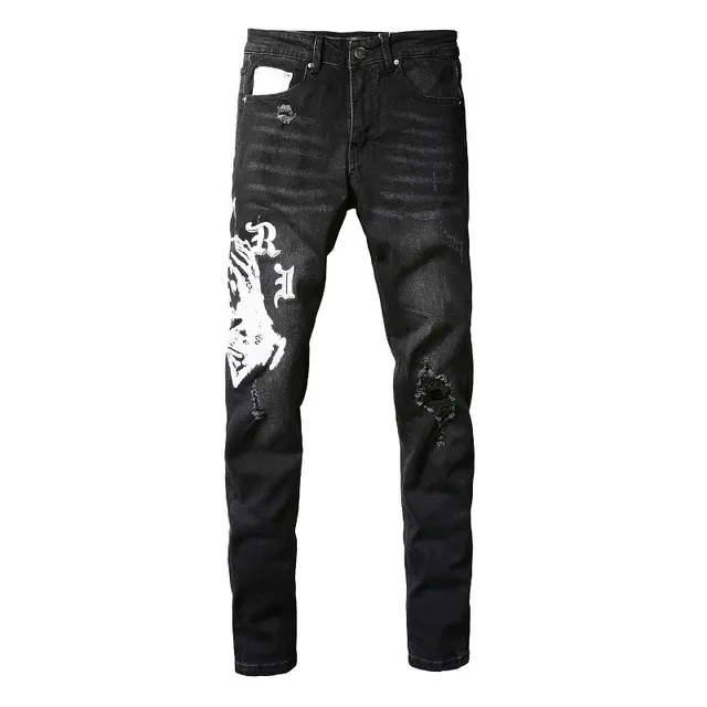 Black Distressed Graphic-Print Slim-Fit Jeans 15