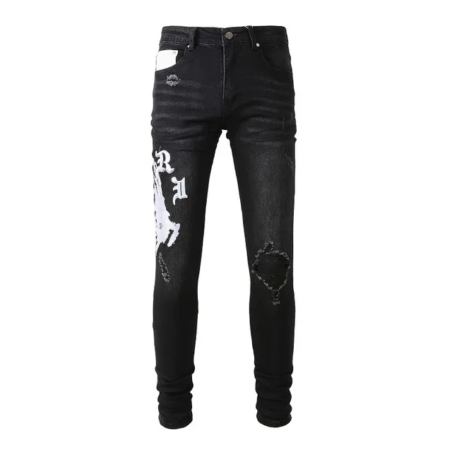 Black Distressed Graphic-Print Slim-Fit Jeans 18