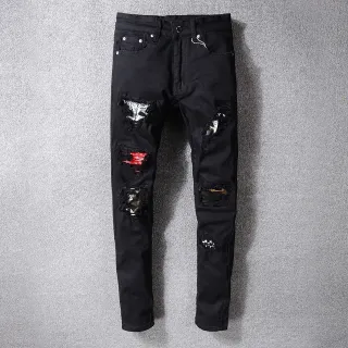 黑色 distressed ripped patched slim-fit 牛仔裤