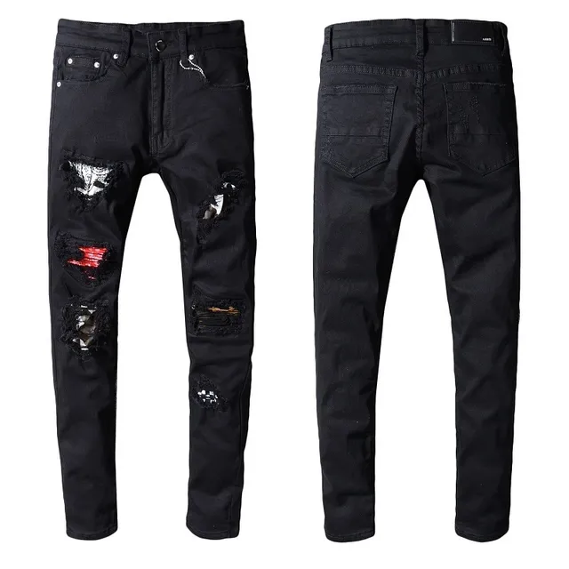 黑色 distressed ripped patched slim-fit 牛仔裤 2